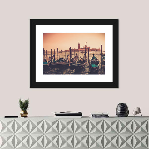 Gondolas Against Venice Panorama In Canal Canvas Wall Art