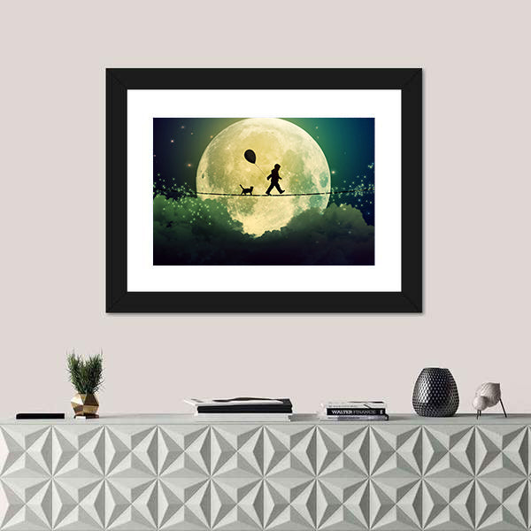 Child on Tightrope Under Full Moon Canvas Wall Art