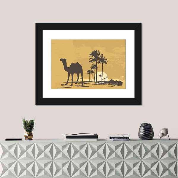 African Desert Sunset with Camel Silhouette Canvas Wall Art