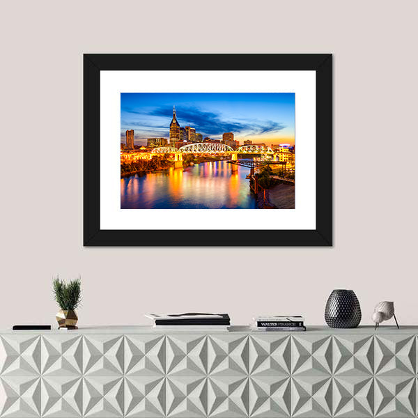 Nashville Skyline with Pedestrian Bridge at Dusk Canvas Wall Art