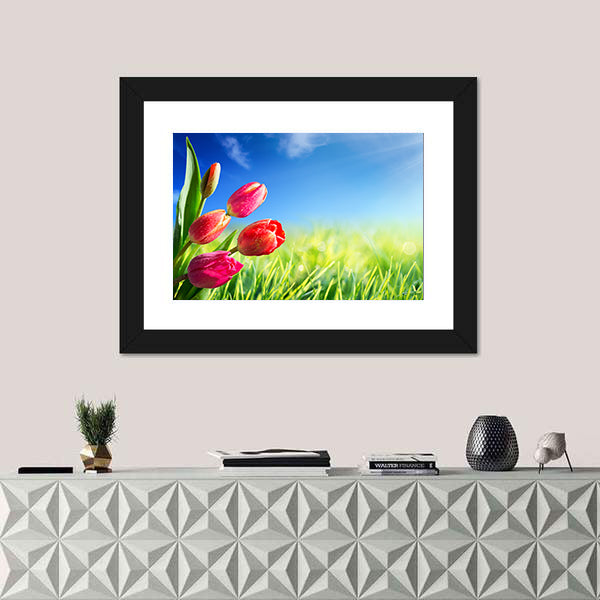 Sunny Spring Tulips in Meadow Canvas Wall Art