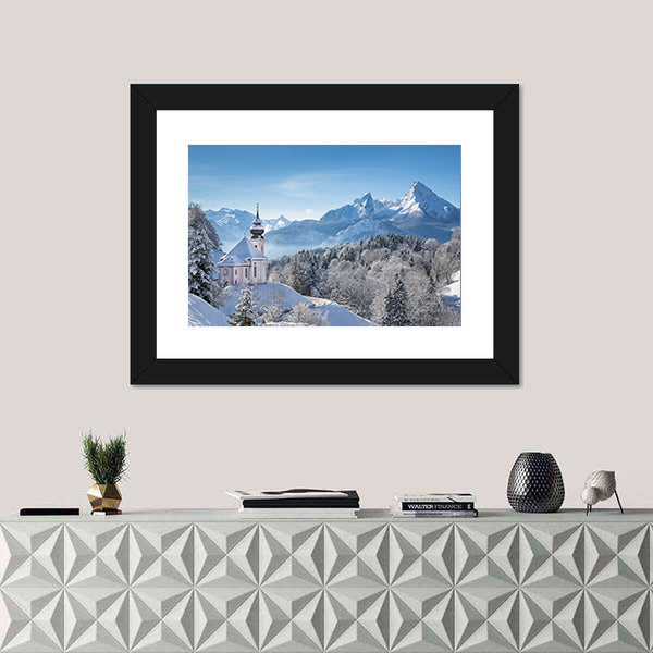 Snowy Alps With Church In Bavaria Canvas Wall Art