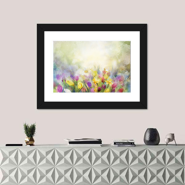 Watercolor Daffodil and Tulip Meadow Canvas Wall Art
