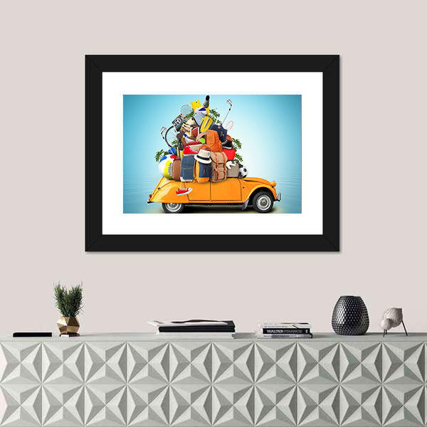 Yellow-orange 2cv with Overloaded Luggage Canvas Wall Art