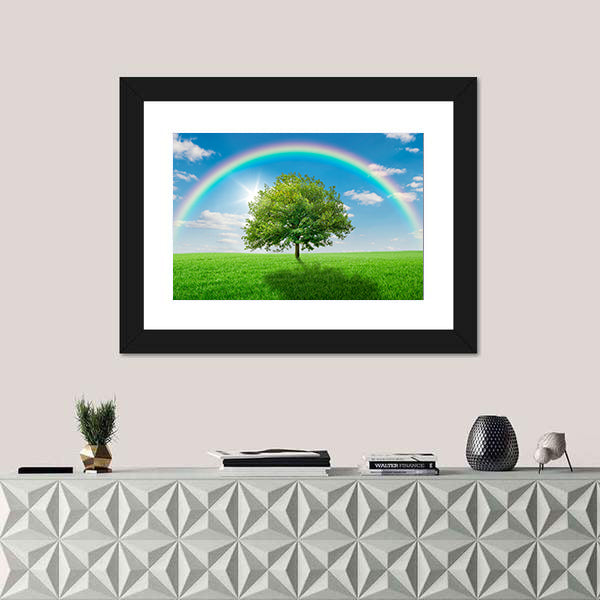 Old Oak Tree on Green Meadow Canvas Wall Art