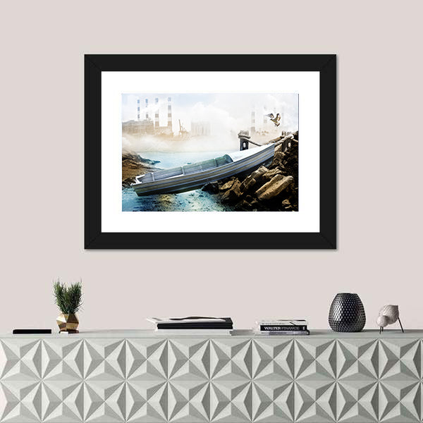 Weathered Boat at Industrial Shoreline Canvas Wall Art