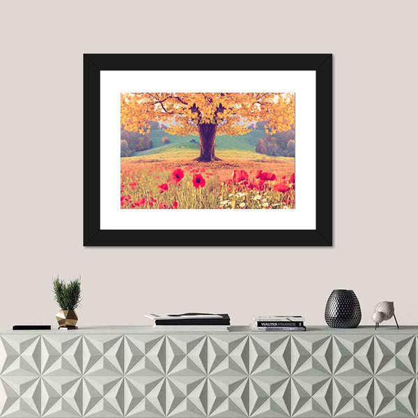 Red Poppies and Golden Tree Canvas Wall Art
