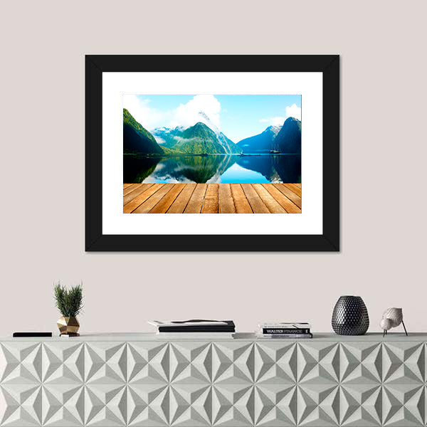 Wooden Pier and Mountain Lake Canvas Wall Art