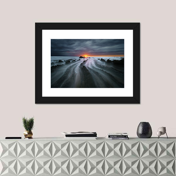 Flysch Rocks In Barrika Beach At The Sunset Canvas Wall Art