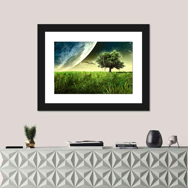 Green Meadow with Pterodactyls Canvas Wall Art