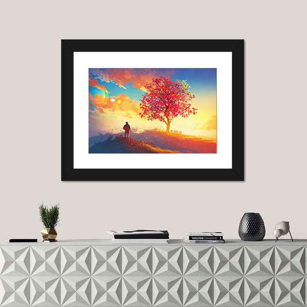 Man Standing Alone In Autumn Mountains Canvas Wall Art