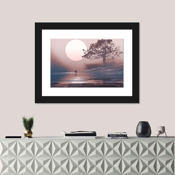 Love Couple Under Moon Canvas Wall Art