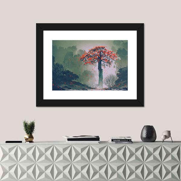 Red Autumn Tree In Winter Forest Canvas Wall Art