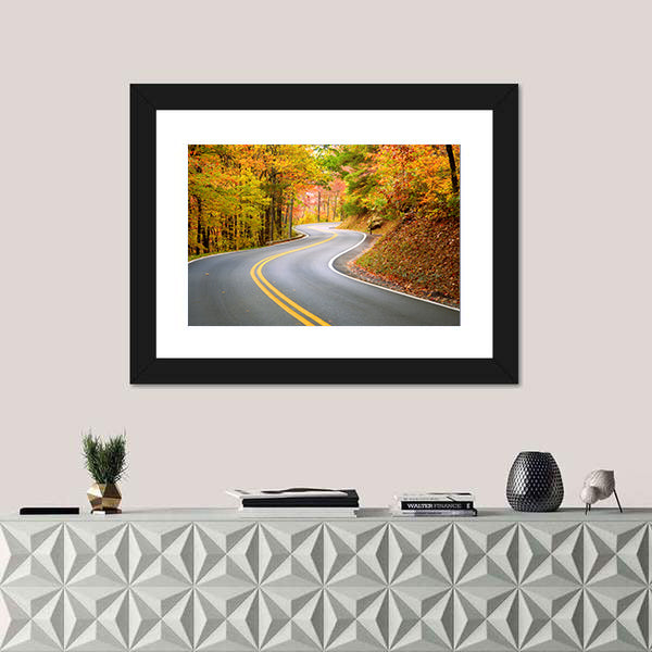 Winding Road Through Fall Forest In Appalachian Mountains Canvas Wall Art
