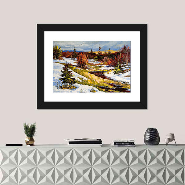 Snowy Stream at Sunset Canvas Wall Art