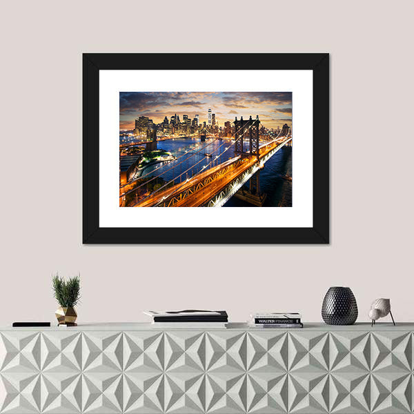 Manhattan Bridge and Skyline at Dusk Canvas Wall Art