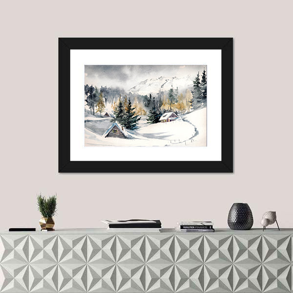 Snowy Mountain Village Canvas Wall Art