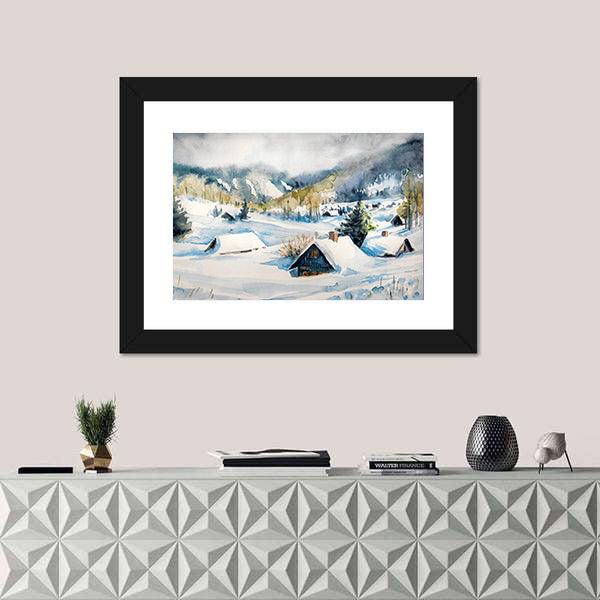 Snowy Mountain Village Canvas Wall Art