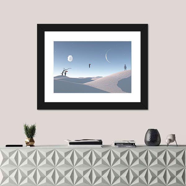 Floating Man with Umbrella in Surreal Desert Canvas Wall Art