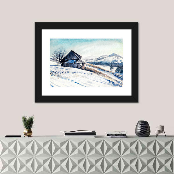 Small House In Winter Mountains Canvas Wall Art