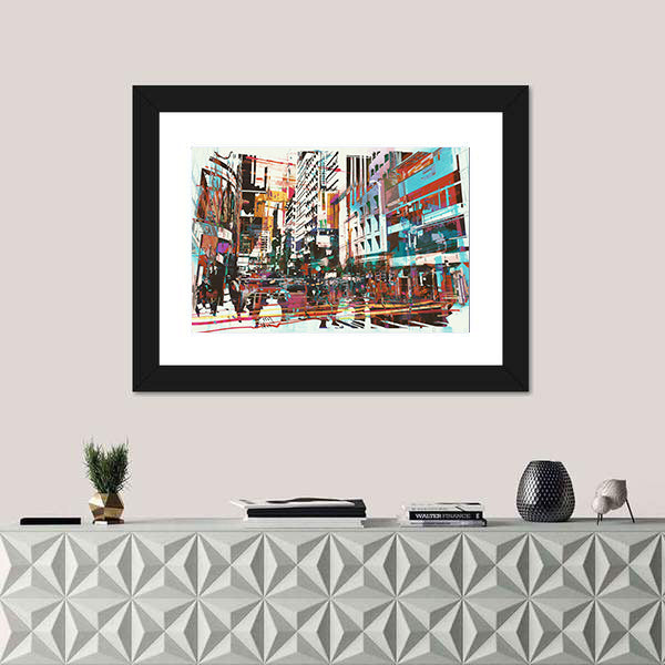 Energetic Abstract Cityscape in Cyan and Red Canvas Wall Art