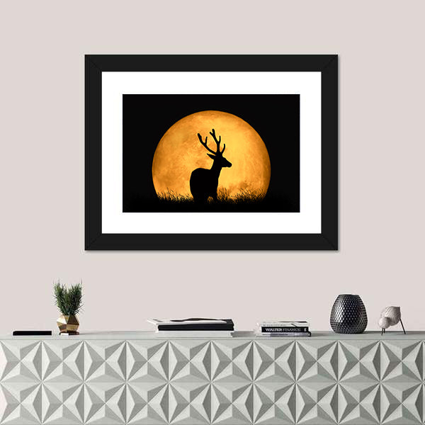 Deer Silhouette With Large Moon Canvas Wall Art