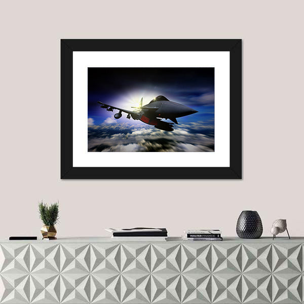 Military Jet Flying During Sunrise Canvas Wall Art