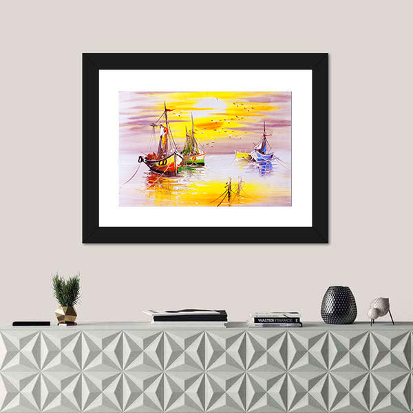 Boats With Sunset Canvas Wall Art
