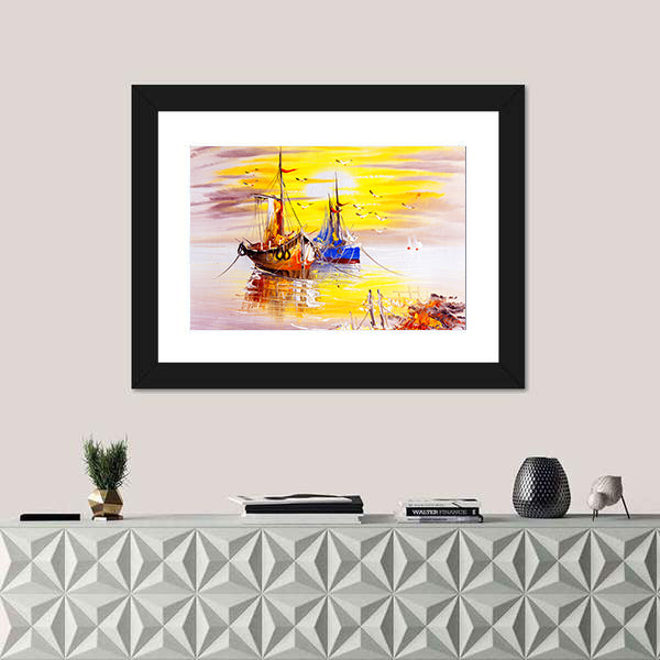Boats With Sunset Canvas Wall Art