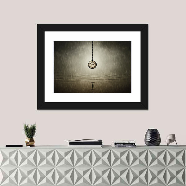 Rainy Night Silhouette with Pocket Watch Canvas Wall Art