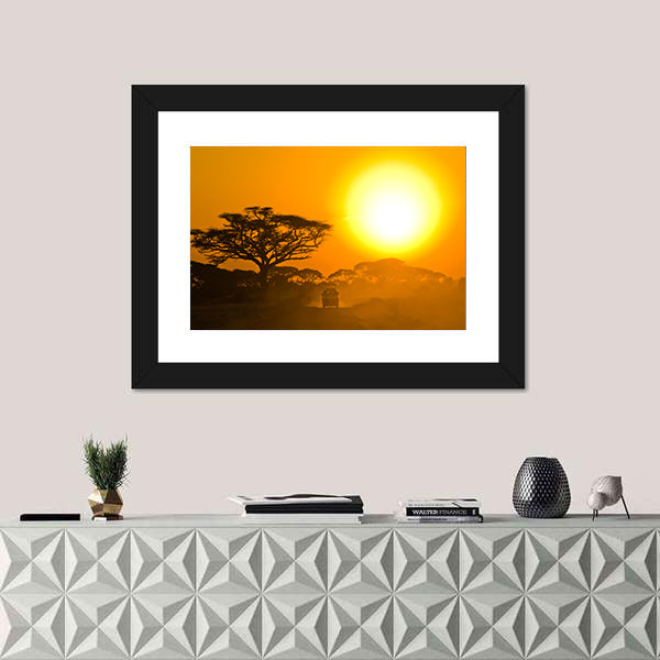 Safari Jeep Driving Through Savannah In The Sunset Africa Canvas Wall Art