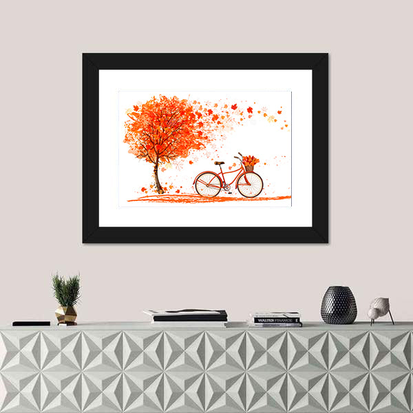 Bicycle Under Autumn Tree Canvas Wall Art