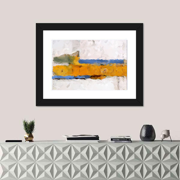 Ochre Yellow Band Abstract with Blue Accents Canvas Wall Art