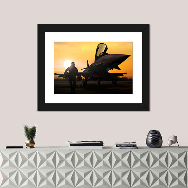 Military Pilot & Aircraft At Airfield Canvas Wall Art