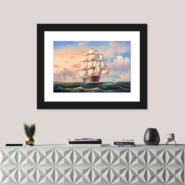 Sailing Boat In Storm Canvas Wall Art