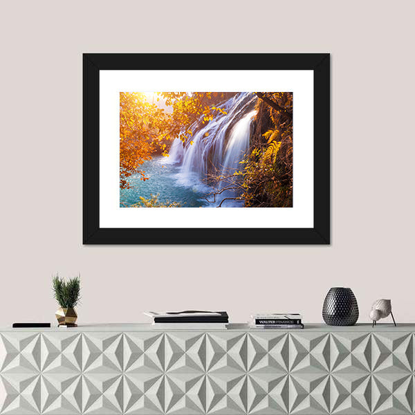 Autumn Waterfall with Sunlit Foliage Canvas Wall Art