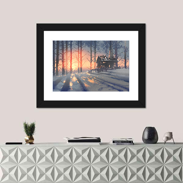 Abandoned House in Winter Forest Canvas Wall Art