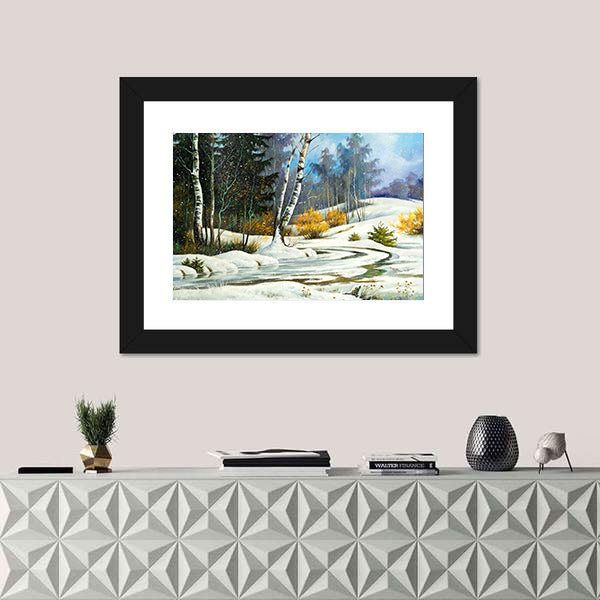 Winter Birch Forest with Frozen Stream Canvas Wall Art