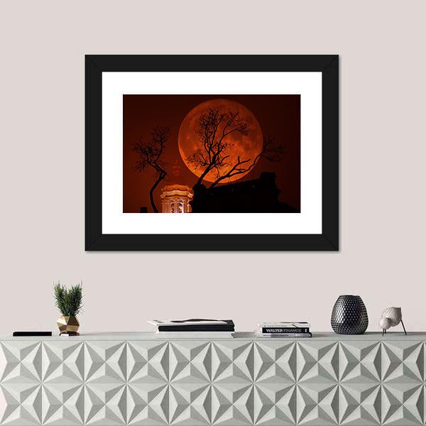 Blood Red Supermoon Over Illuminated Dome Canvas Wall Art