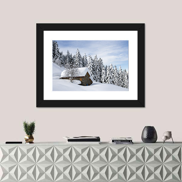 Alpine Hut Under Snow Canvas Wall Art