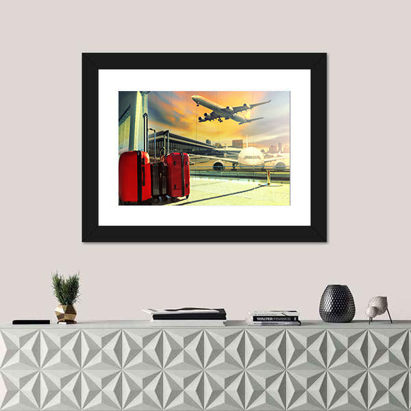 Red Suitcases and Plane at Sunset Canvas Wall Art