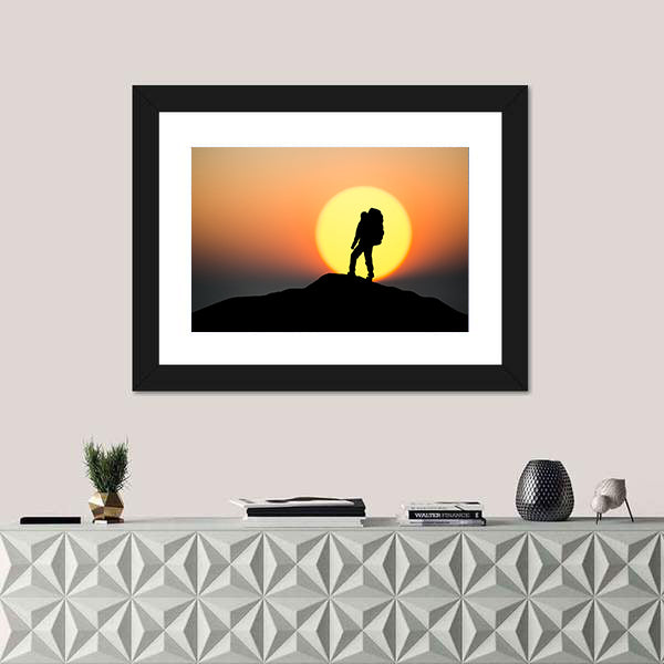Silhouette Of Rock Climber On The Peak Canvas Wall Art