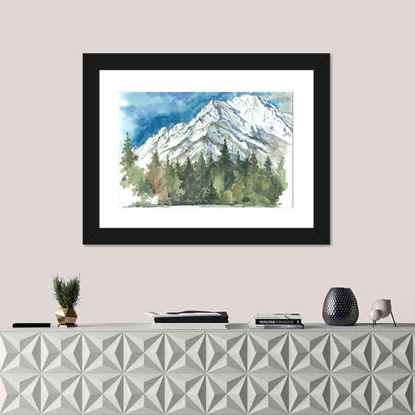 Watercolor Snow-capped Mountain and Forest Canvas Wall Art