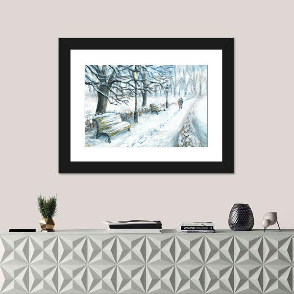 Winter Park With Walking Couple Canvas Wall Art