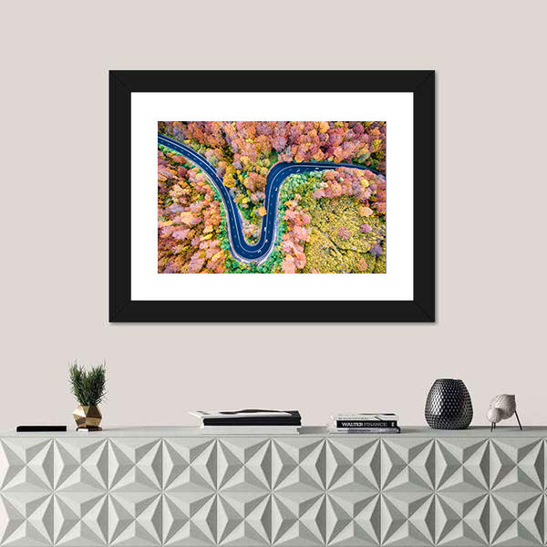 Curved Winding Road Through The Forest Canvas Wall Art