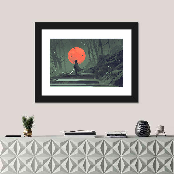 Samurai Standing On Stairway In Night Forest Under Red Moon Canvas Wall Art