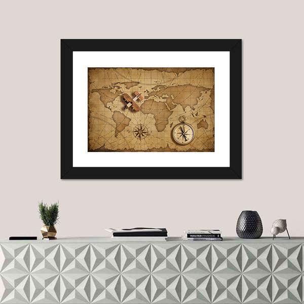 Small Wood Airplane Over World Nautical Map Canvas Wall Art