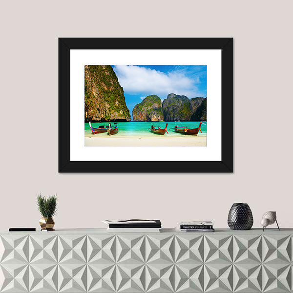 Tropical Beach And Traditional Long Tail Boats In Maya Bay Canvas Wall Art