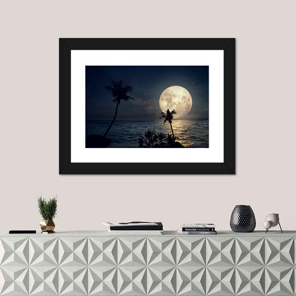 Tropical Beach Under Full Moon Canvas Wall Art