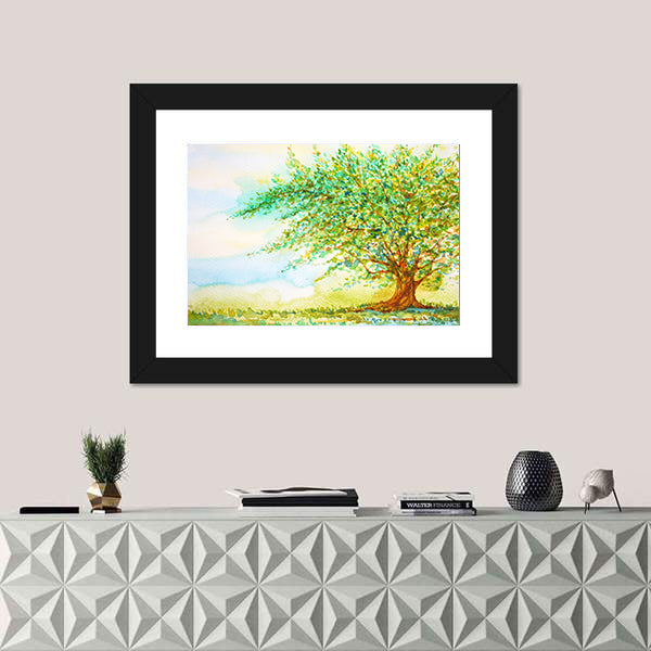 Big Tree In Grass Field Canvas Wall Art